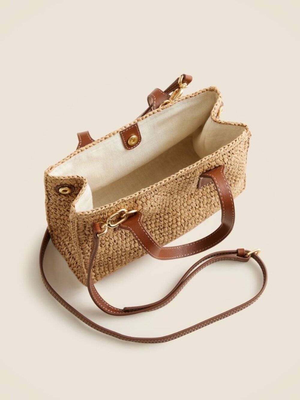 NWT J. Crew Palma Raffia Top-Handle Crossbody Bag Handknotted in Straw & Leather - Picture 2 of 16